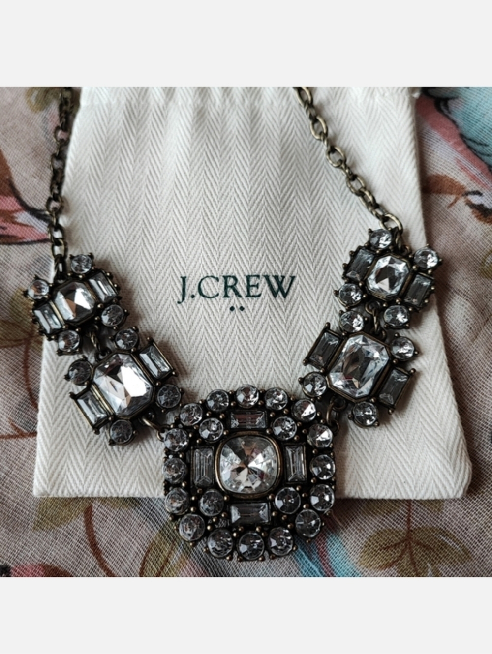 J Crew Clear Rhinestone Statement Necklace Antique Brass Baguettes Lobster Clasp